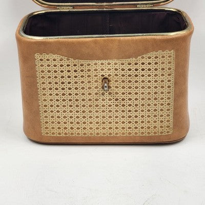 Tan Leather Train Case – 10.5" Travel Luggage with Cane Web Front, Latch Closure, Pockets & Interior Mirror Vintage