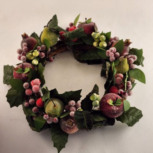 3-Wick Red Candle Centerpiece w/ Fruit Leaf Berry Wreath 6"x6" Decor