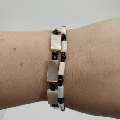 Set of 2 Bracelet Faux Pearl Black & White Beads Cylinder Rectangle Stretch 7.5"
