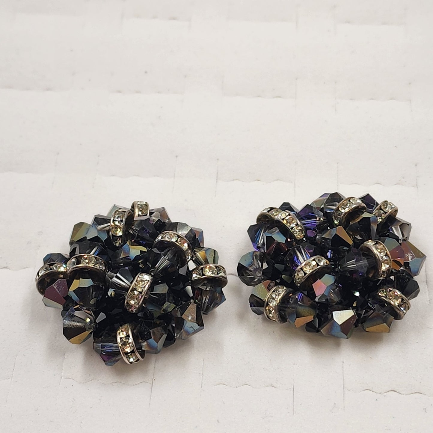 Deep Purple Bead & Colorful Rhinestone Clip Earrings Vintage 1.5” Statement
