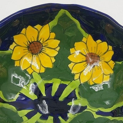 Mexican Folk Art Pottery Serving Bowl 8”x3" Talavera Sunflowers and Leaf Design