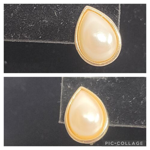 Teardrop Faux Pearl Clip-On Earrings Gold Tone Setting 0.5" Long Vintage