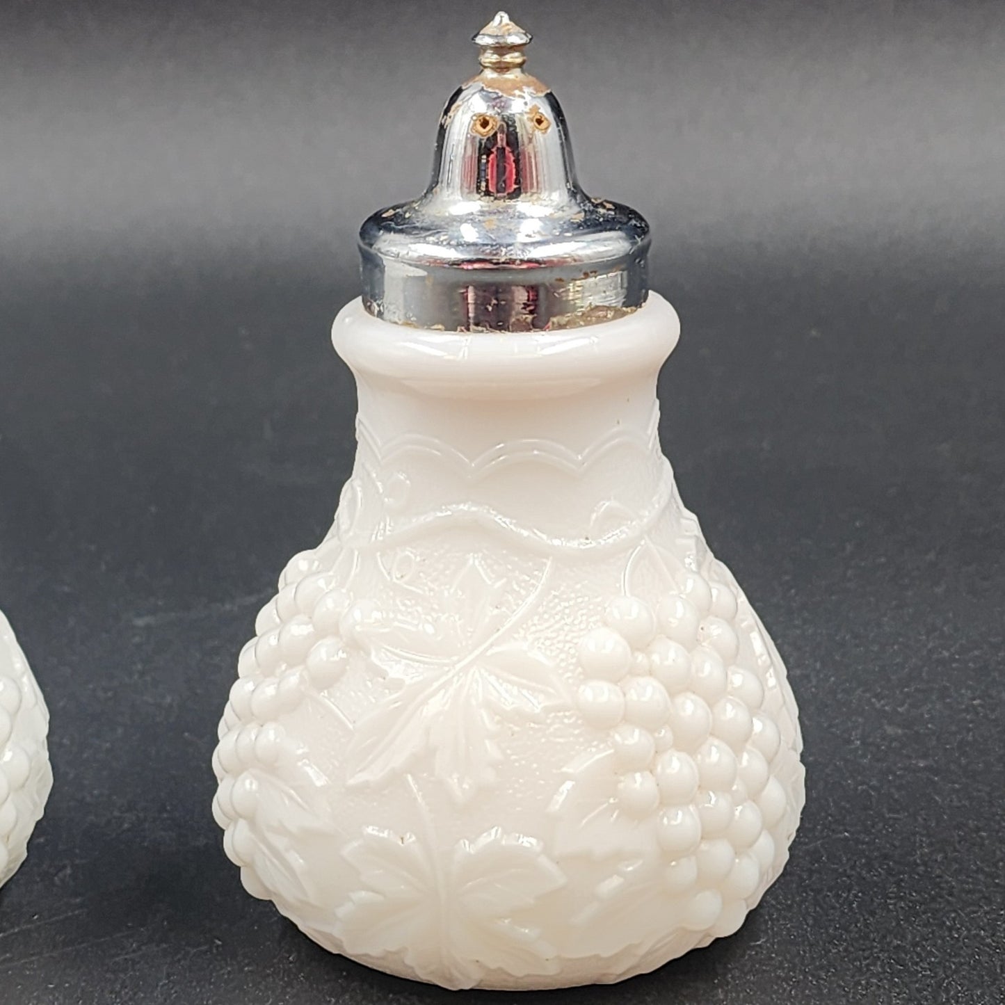 Imperial Milk Glass Grape Vine Pattern Large Salt and Pepper Shaker Set Vintage