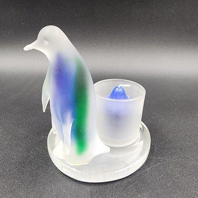 Partylite Frosted Glass Blue Green Two Penguin Candle Holder Votive Rack 5"x3.5"