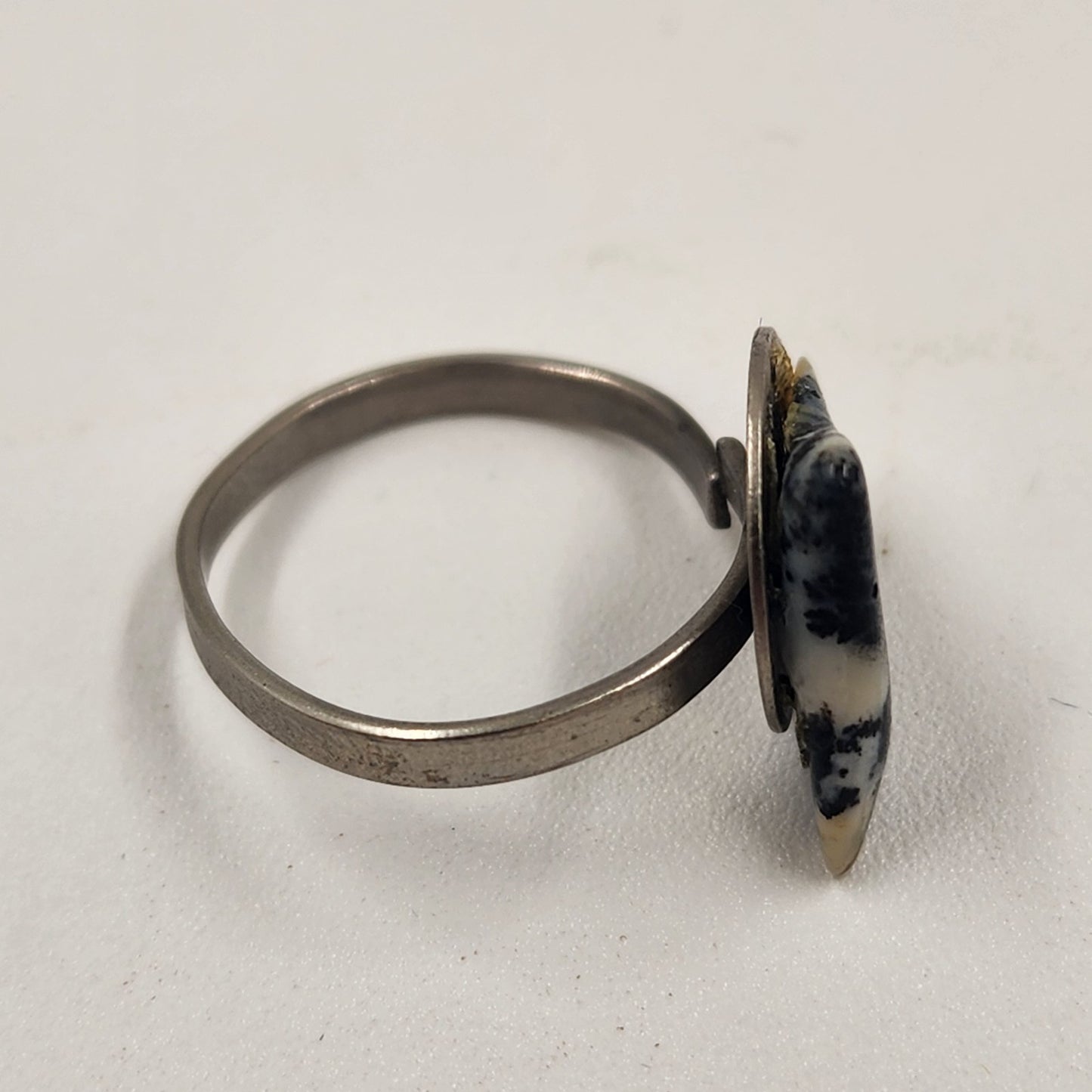 Adjustable Silver Tone Dalmatian Stone Ring Triangle Shape Size 6.75-7
