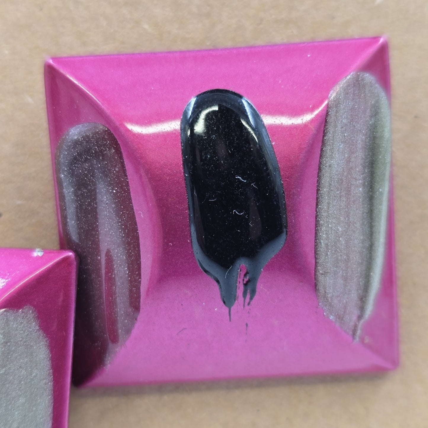 Earrings in Large Square Shiny Magenta with Gray Black Enameled 1.25" Push Back