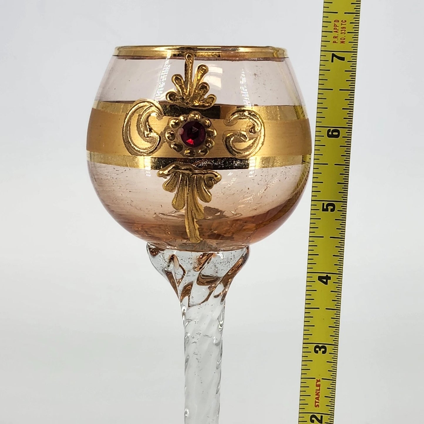 Tre Fuochi Glass Wine Goblet Murano Style Hand Blown Gold Enamel Ruby Red Jewel