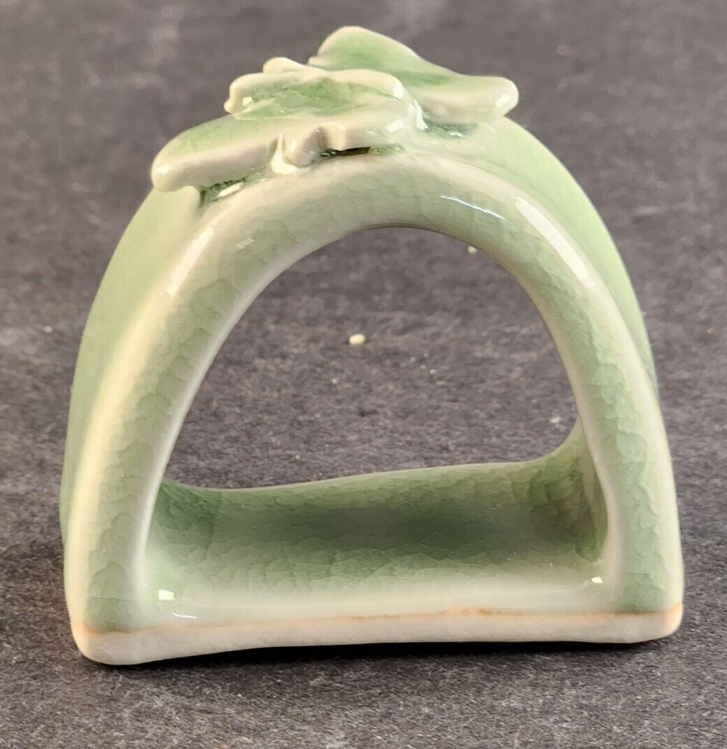 3 Thai Celadon Ceramic Green Butterfly Pattern Vintage Oval Napkin Rings