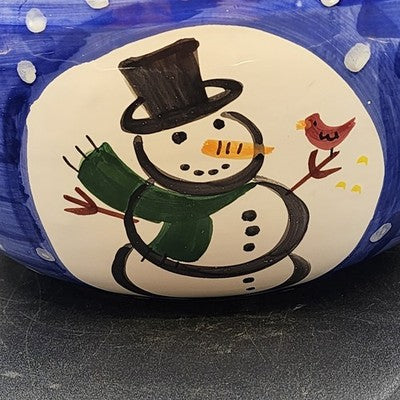 Large Serving Bowl 12" by Present Tense Italy Hand Painted Snowman & Holly Leaf