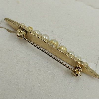 Gold Tone Bar Shaped White Faux Pearl Lapel Pin Brooch 2"Roll over Clasp