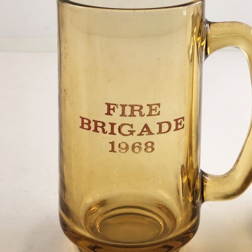 2 Amber Glass Mugs w Handles 12 oz Fire Brigade 1968 Dayton Tire & Rubber Co