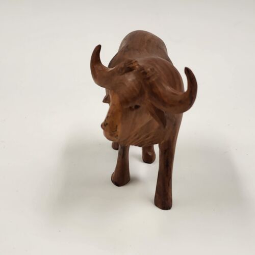 Wooden Water Buffalo Hand Carved Musk Ox Natural Hardwood Figurine 4.5