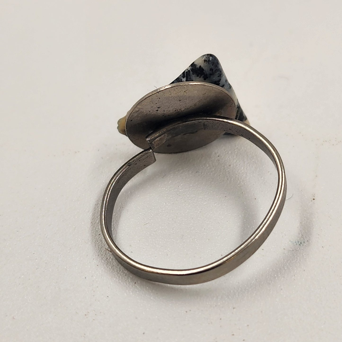 Adjustable Silver Tone Dalmatian Stone Ring Triangle Shape Size 6.75-7