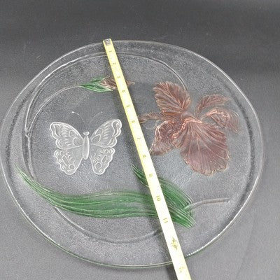 LE Smith 12.5" Clear Frosted Glass Plate Painted Iris & Butterfly Design Vtg