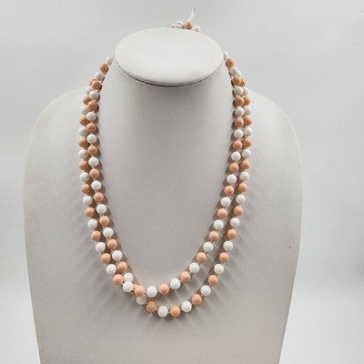Glossy White and Pink Infinity Faux Rhinestone Beaded Two Strand Necklace 23"