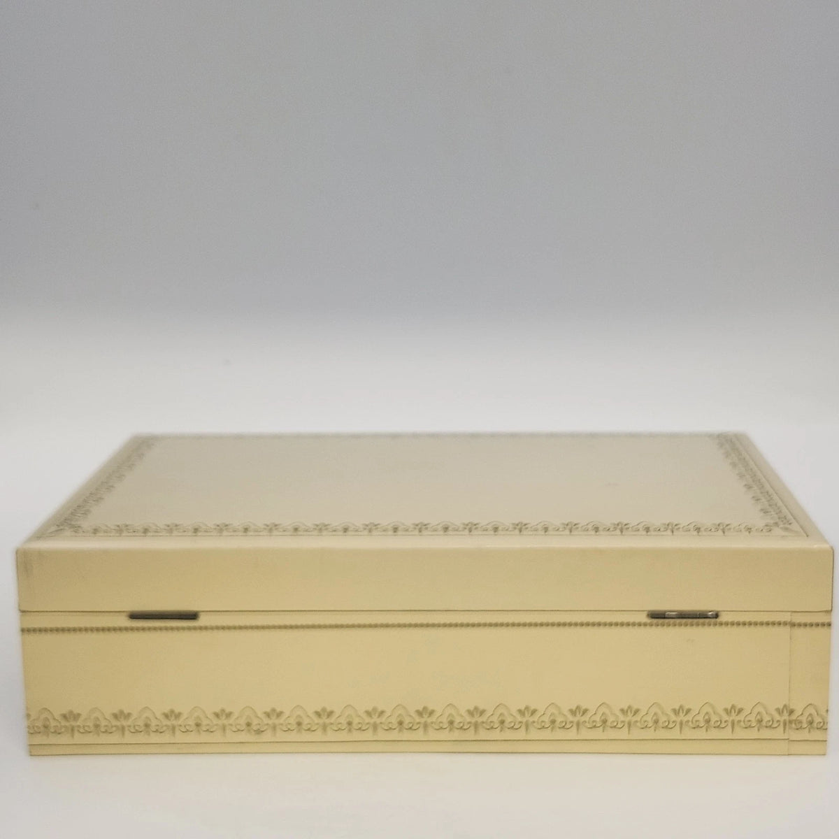 Jewelry Trinket Box Cream Gold Filigree Red Velvet Satin Lift Out Tray 12.5" Vtg