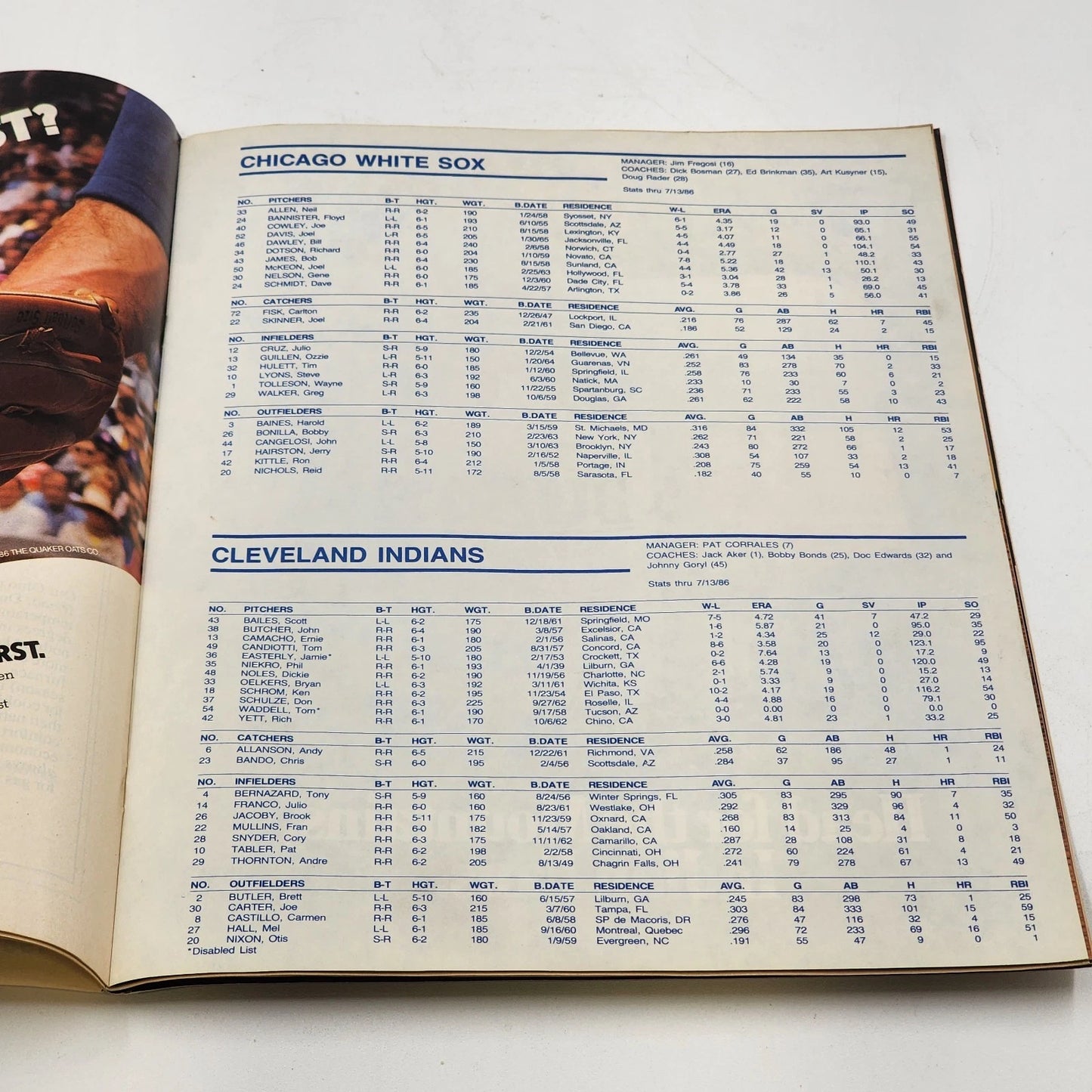 1986 Cleveland Indians Official Souvenir Program vs Chicago White Sox Unscored
