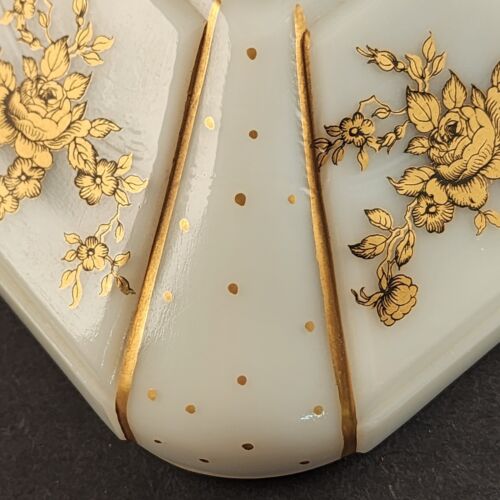 Milk Glass Wedding Box Candy Dish Pedestal Compote w Lid Gold Decorations Roses