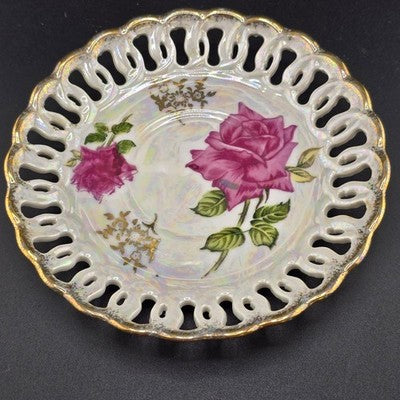 Inarco Tea Cup E-1052 Saucer E-1662 Lusterware Roses Reticulated Edge Japan
