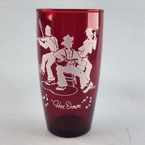 Anchor Hocking Ruby Red Hoe Down Water Glass Mountain Music Fiddle Banjo Vintage