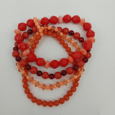Set of 4 Bracelets in Faux Pearl Acrylic Beaded Orange and Red Tone Stretch 7"