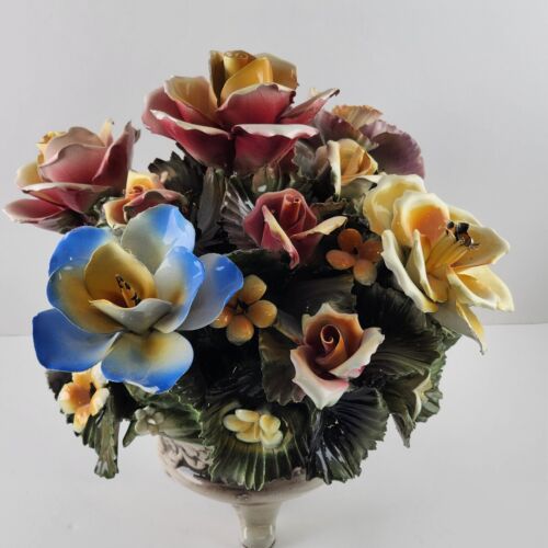 Capodimonte Large Floral Multicolor Centerpiece Footed Short Vase 10.5"h Chipped