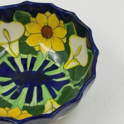 Mexican Folk Art Pottery Serving Bowl 8”x3" Talavera Sunflowers & Calla Lilies