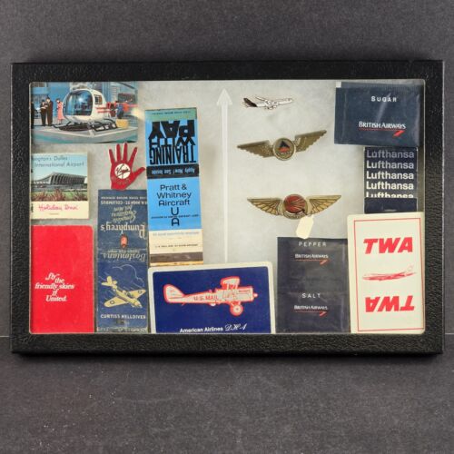 Vintage Air Travel Souvenir Display Box w TWA Delta United Pratt & Whitney Items