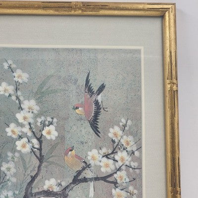 Birds Cherry Blossoms Chinese Silk Print Bamboo Framed Matted 13" x 17"