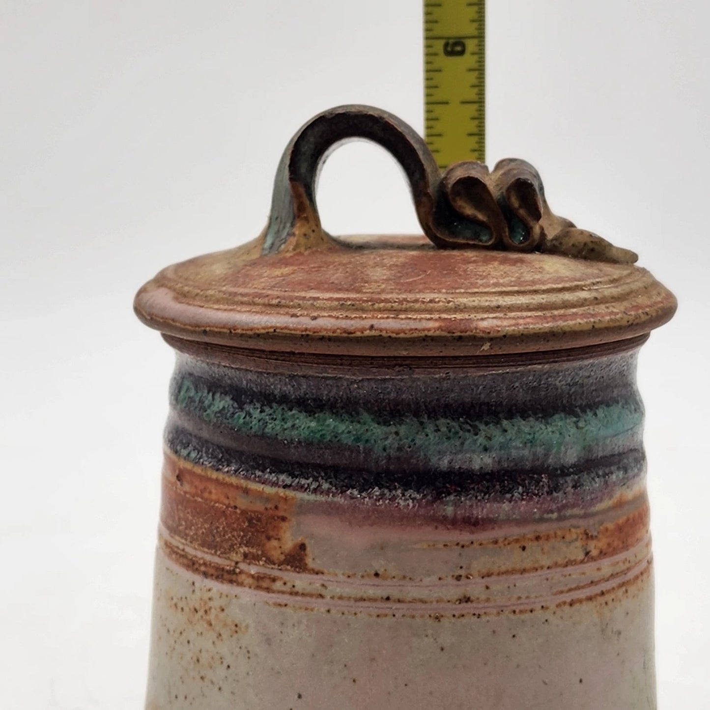 Handcrafted Speckled Stoneware Pottery Lidded Jar w Ribbon Handle Rustic Decor