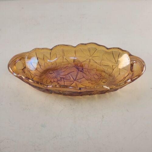 Indiana Glass Celery Dish Sunflower Oval Candy Nut Closed Handles Amber Vintage