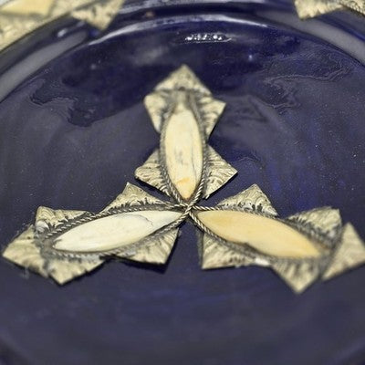 French Ceramic Centerpiece Bowl Cobalt Blue Glaze Silver Hand Carved Shell Inlay