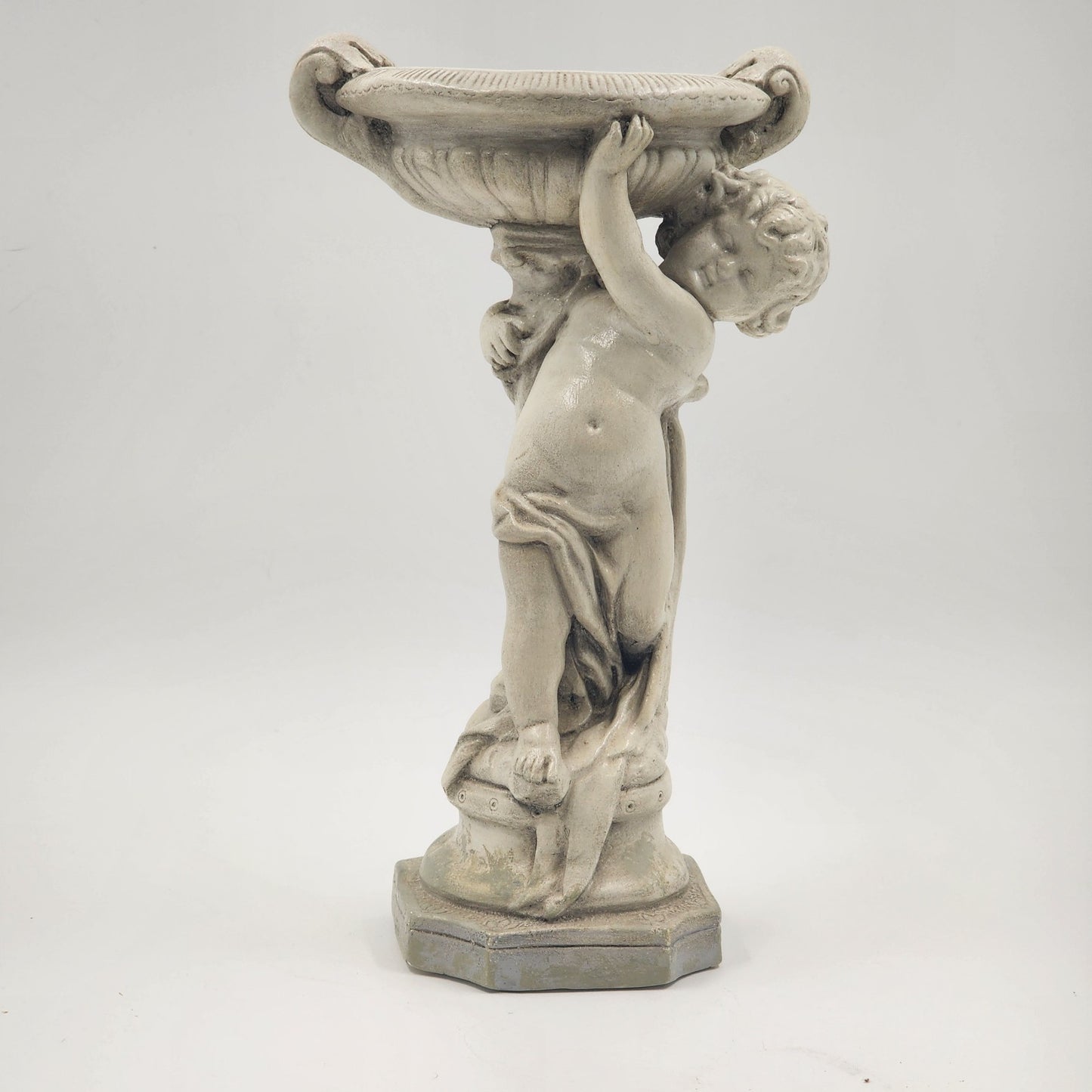 Alexander Backer Chalkware Cherub Angel Statue w/ Bowl Pedestal Ceramic 12" 1940