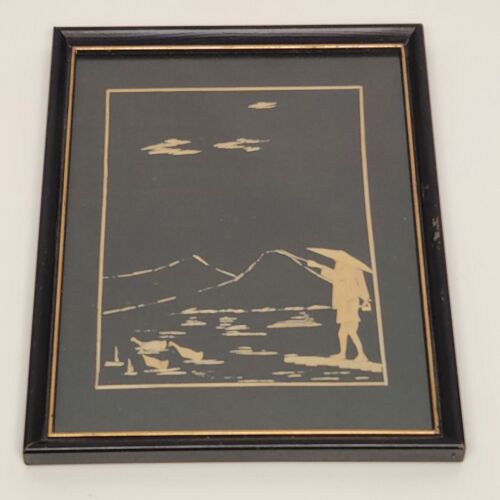 Asian Straw Art Picture Wall Decor Person Ducks Water Mountains Framed 1950's