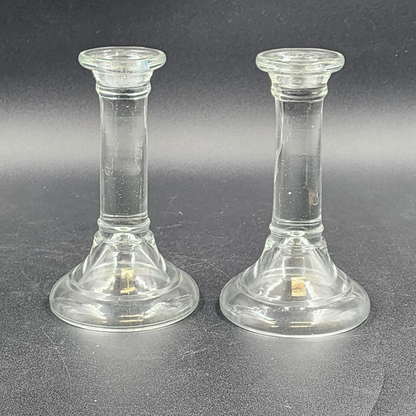 2 Heavy Clear Glass Candlestick Holders Pillar Round Height Choice Poland Vtg