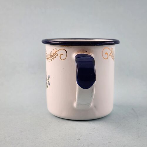 TrEs Enamel Tin Cup Small Mug Vintage Monterrey Mexico Flowers White w Blue Trim