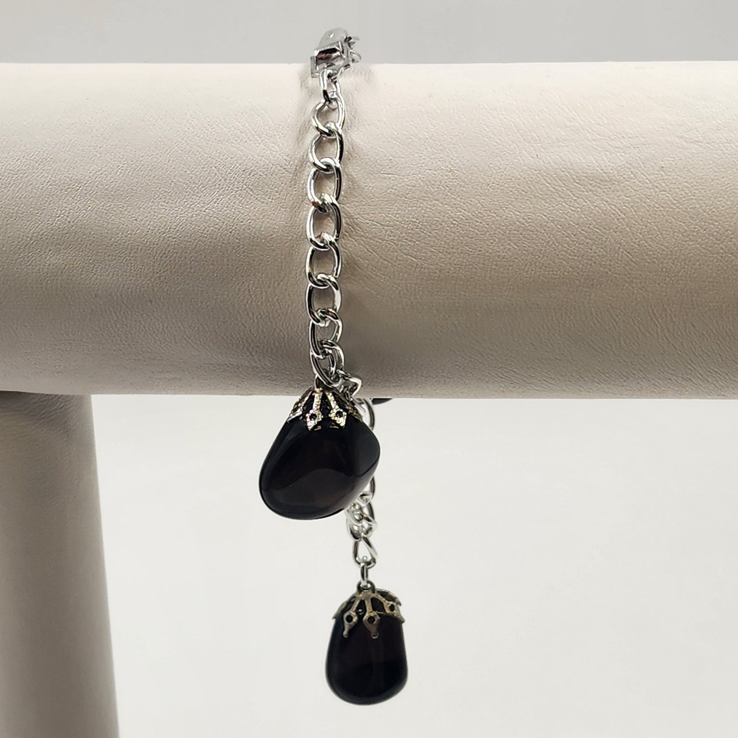 Polished Charm Black Amethyst Silver Tone Bracelet 8" Chain Aluminum Link