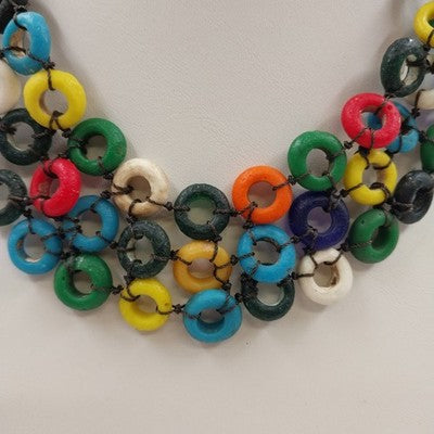 Boho Necklace Multicolor Disc Netting Statement Acrylic Cord Ball Loop Closure