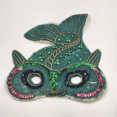 Hand Sewn Vintage Mardi Gras Green Fish Mask Sequins Beads