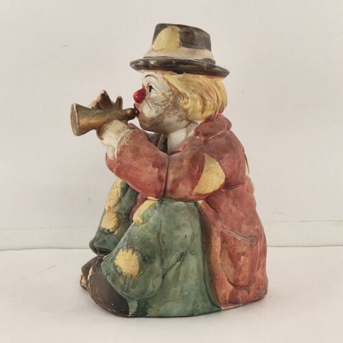 Sun Saint Porcelain Hobo Clown w Horn Music Box 6.5" Taiwan Plays Barrel of Fun