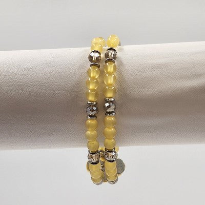 Yellow Faux Pearl & Flower Disc w Rhinestone Motif Double Strand Bracelet 3.75"