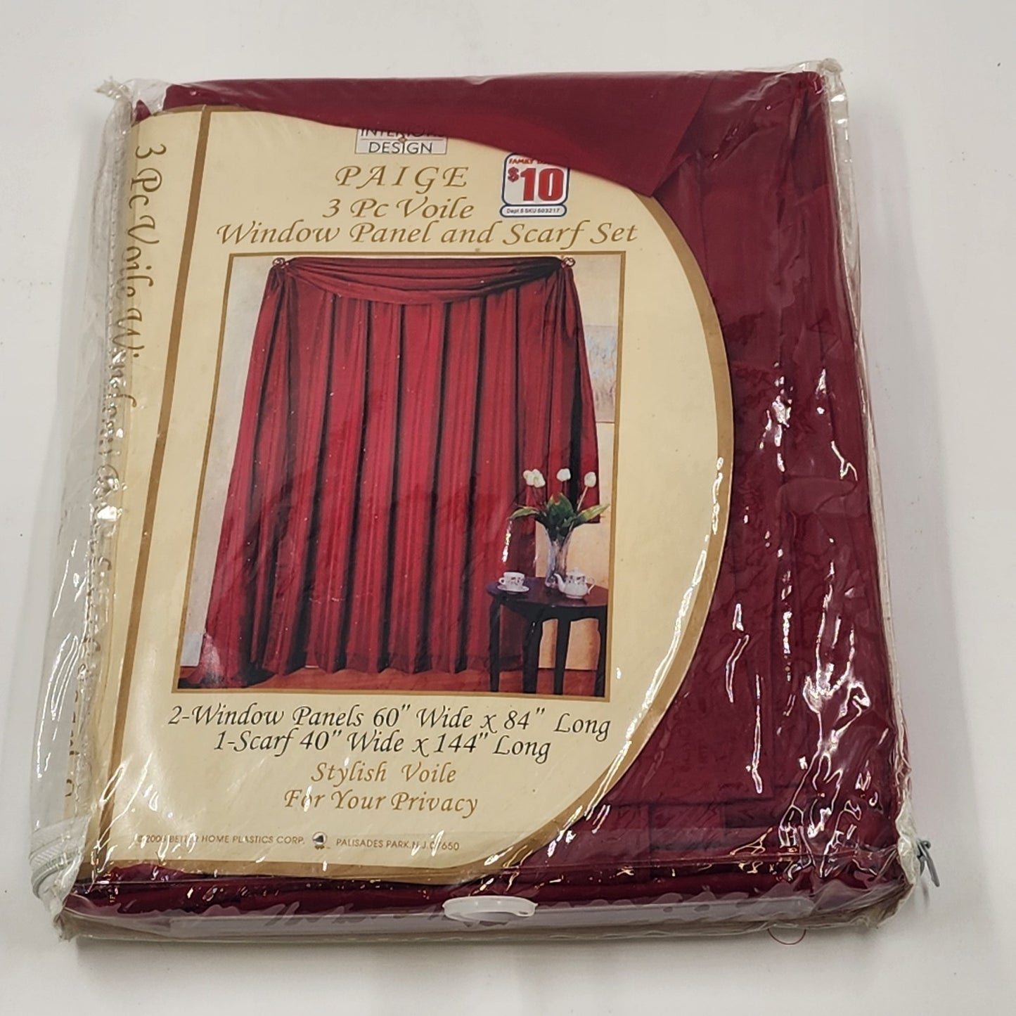 Interior Designs Paige 3 Pc Voile Window Panel & Scarf Set Dark Red 60”x84” NEW