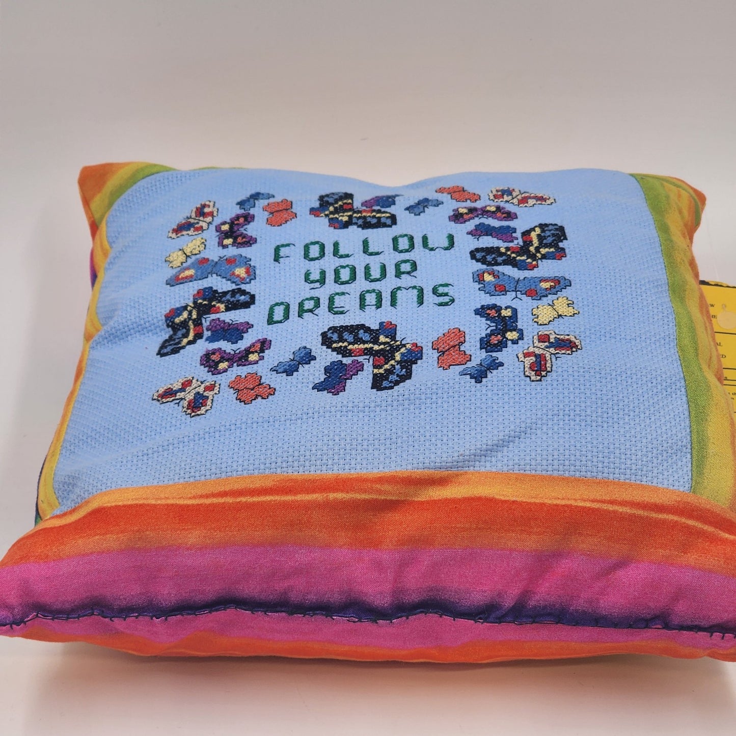 FOLLOW YOUR DREAMS Butterfly Needlepoint Colorful Throw Pillow 14” Square 1970's