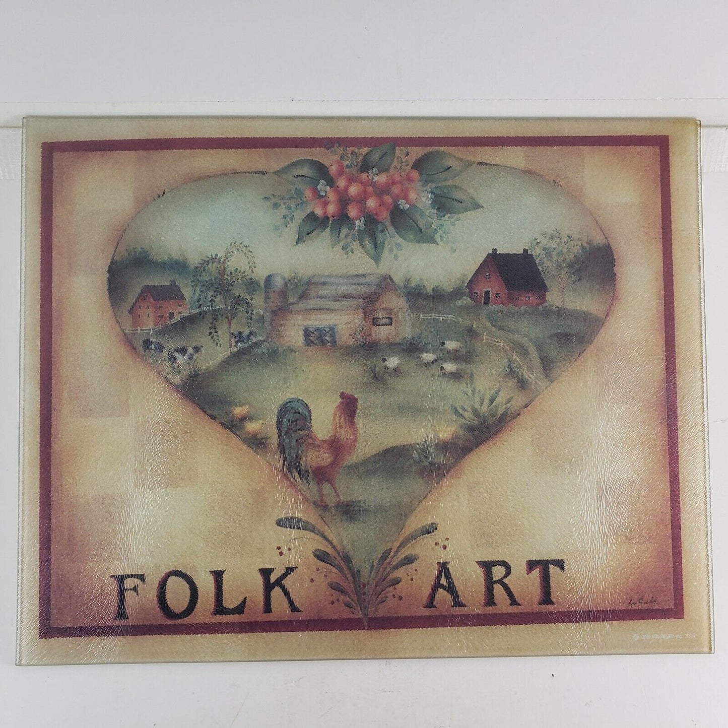 Tempered Glass Cutting Board Trivet FOLK ART Hearted Farm Scene 15"x12" Signed