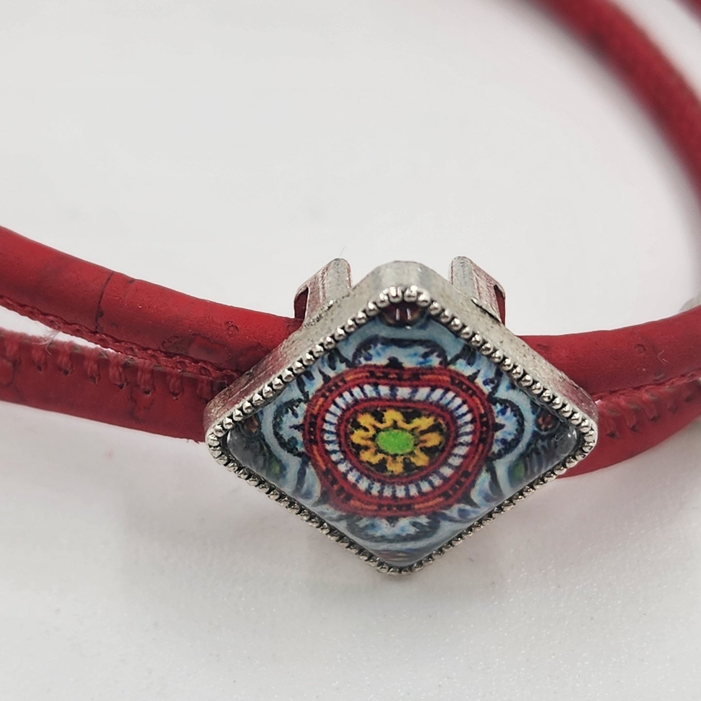 Red Cord Bracelet with Silver Tone Mosaic Slide Charm Boho Jewelry