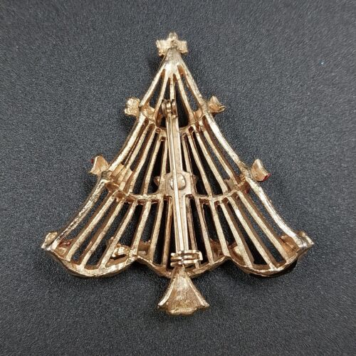 Goldtone Brooch Christmas Tree Hand Painted Red Ribbon Green Garland 2.25 in
