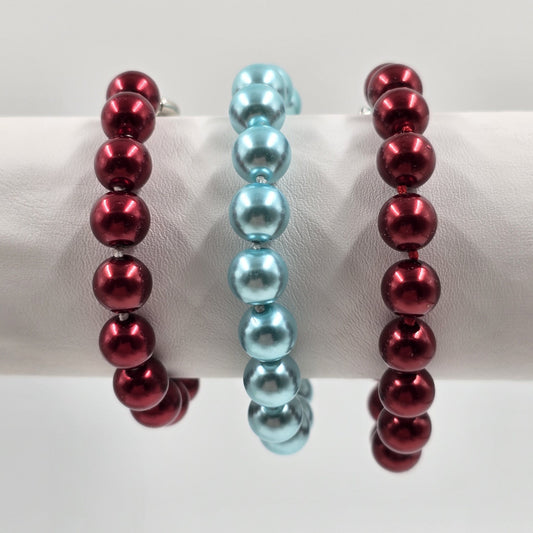 Set of 3 Shiny Red & Blue Faux Pearl Beads Bracelets Spring Ring Clasp