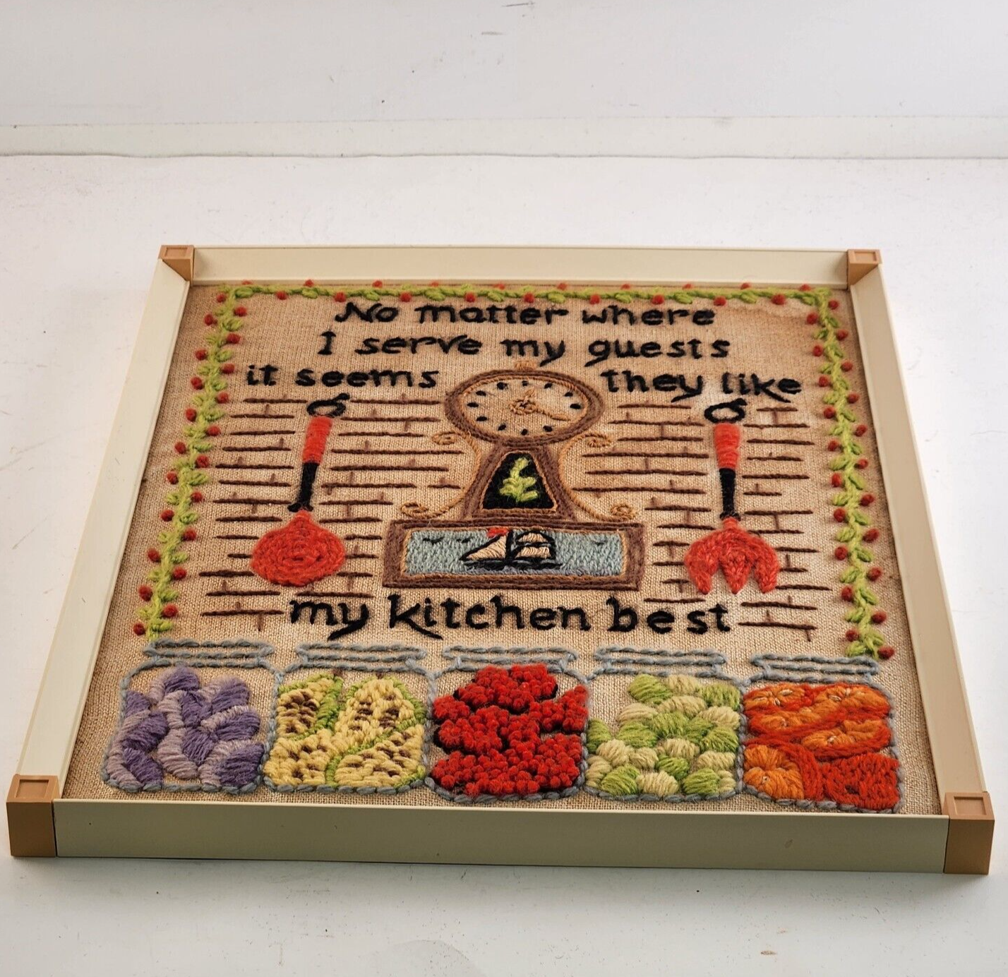 Framed Yarn Needlepoint Crewel Art Retro Kitchen Love 15"x11" MCM 60s Mod