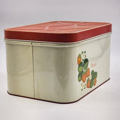Cheinco Metal Tin Bread Box 13.5x9.5x8"h Strawberries & Leaf Red Lid Vintage MCM