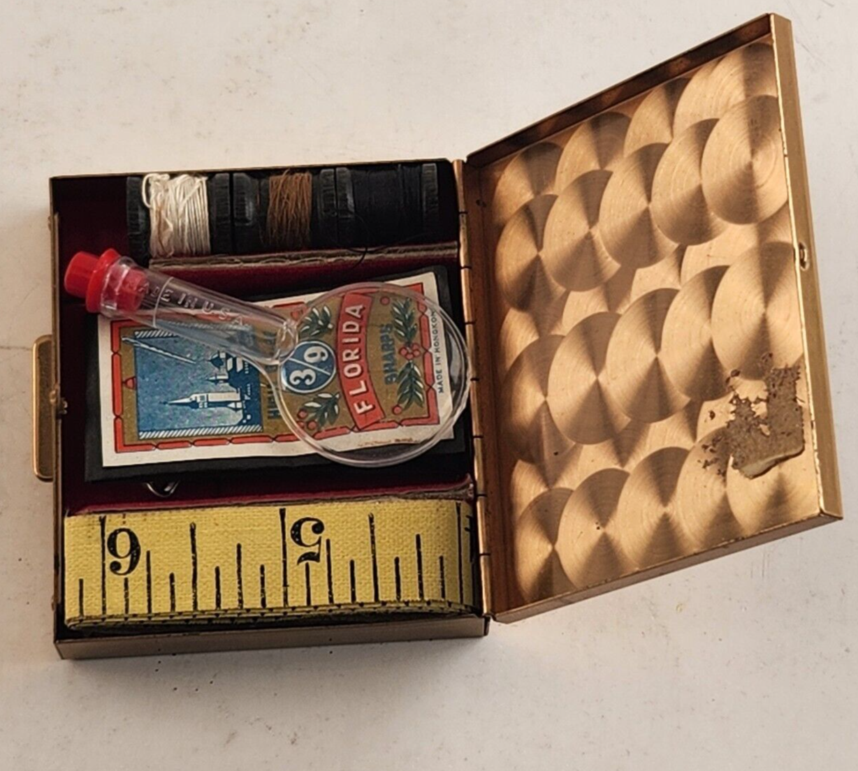 Vintage Sew 'n Stuff Gold Metal Sewing Kit Rhinestones Florida 3"